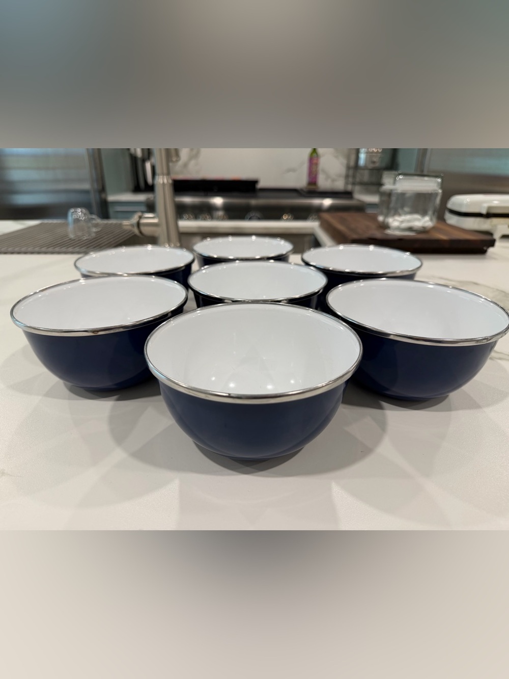 Pottery Barn Blue Enamel Mixing Bowls with Silver Rim - Set of 7